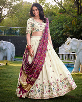 Flower Shape Off-White Color Cotton Lehenga Choli