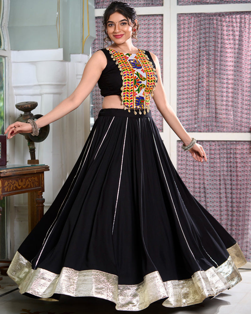 Black Color Rayon Navratri Cowrie Touch Up Lehenga Choli