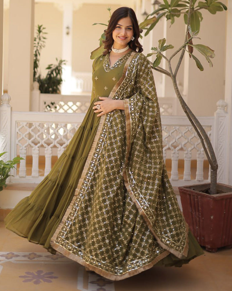 Mehndi Color Faux Georgette Designer Anarkali Gown With Dupatta