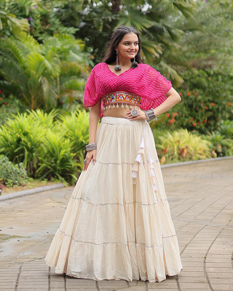 White Color Kora Cotton Lehenga With Pink Choli