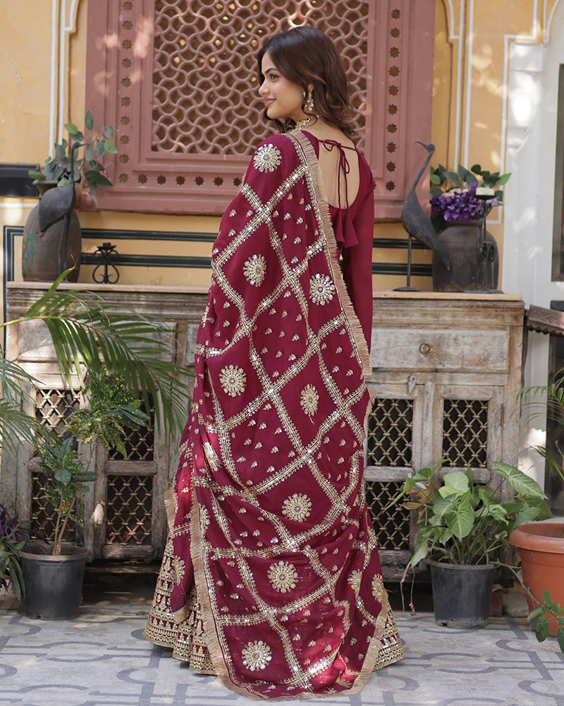 Maroon Color Star Georgette Sequence Embroidered Gown