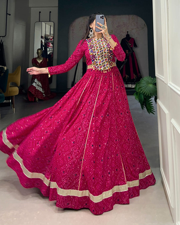 Pink Color Rayon Bandhej Print Navratri Lehenga Choli