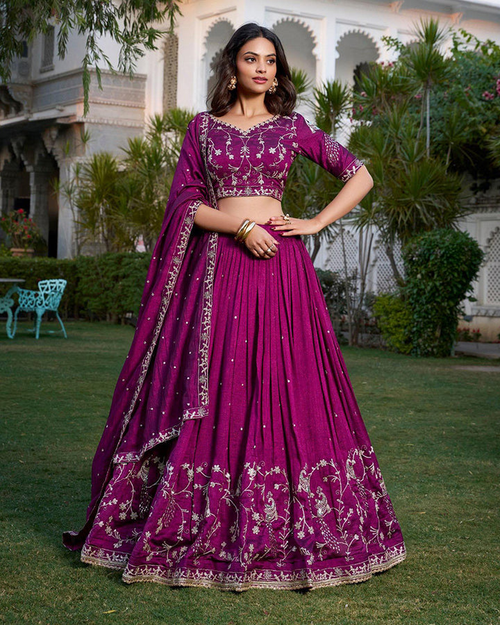 Wine Color Vichitra Silk Sequence Embroidery Lehenga Choli