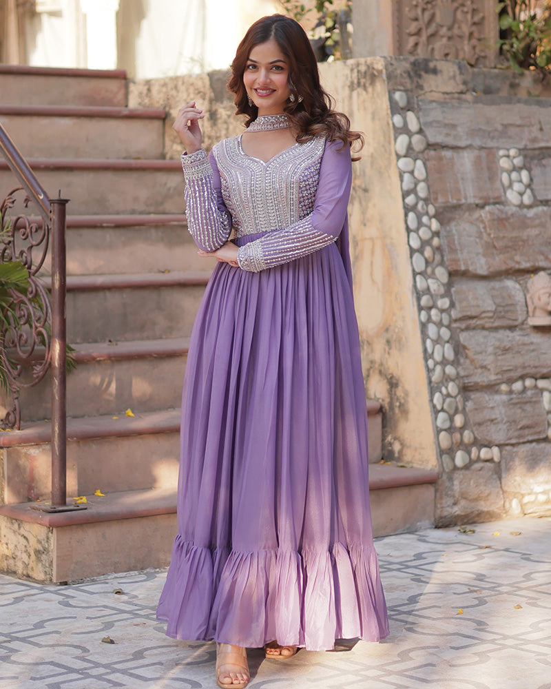 Lavender Color Star Georgette Embroidered Gown