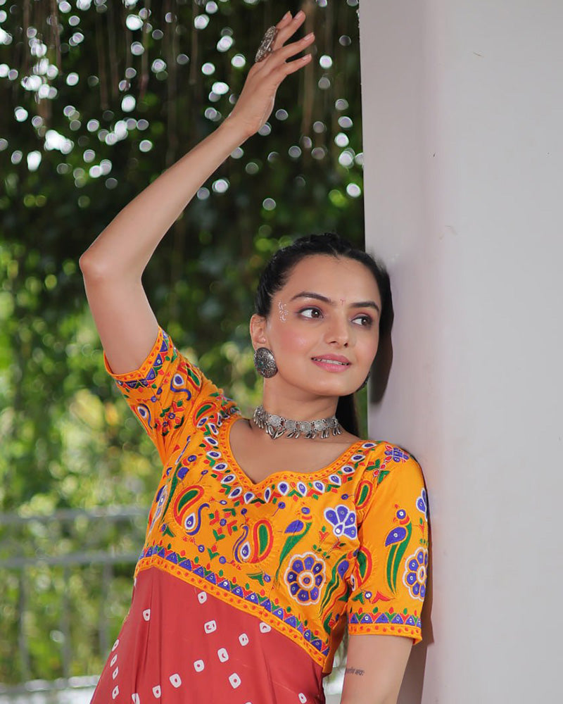 Traditional Rust Orange Color Bandhani Print Navratri Kurti