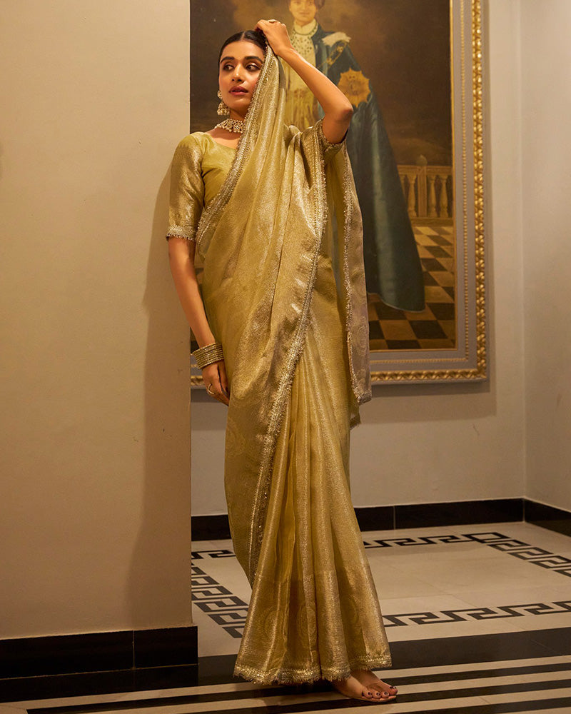 Golden Color Weightless Tissue Shimmer Saree