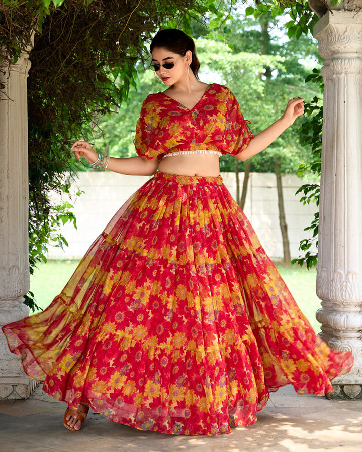 Red Color Chiffon Printed Crop Top Lehenga Choli