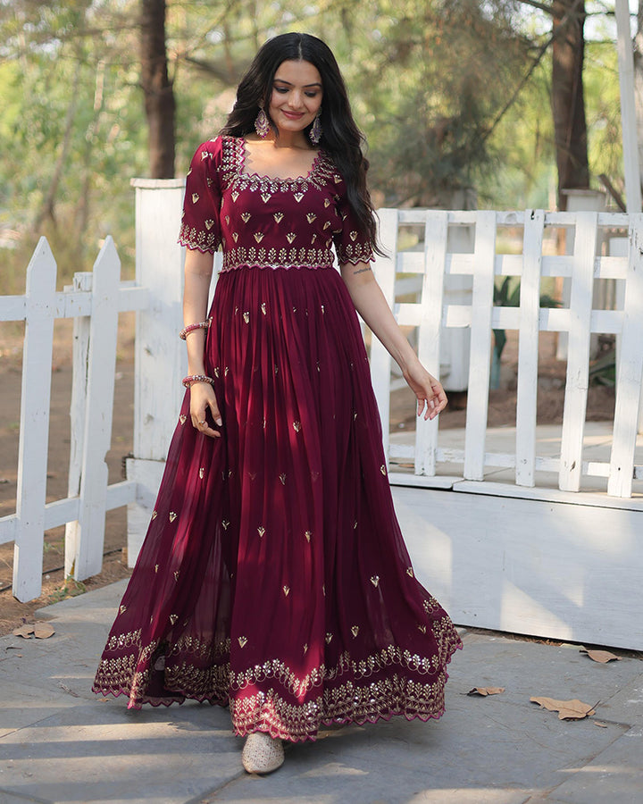 Reddish Maroon Color Faux Blooming Embroidered Gown