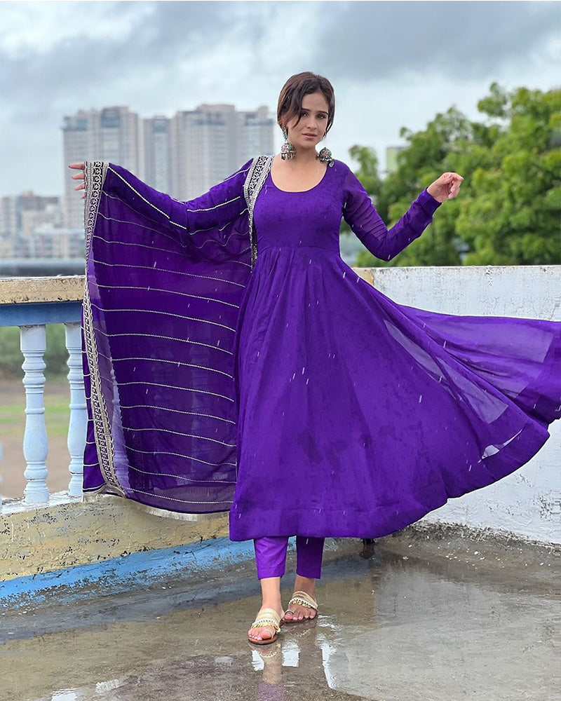 Purple Color Georgette Anarkali With Embroidered Dupatta