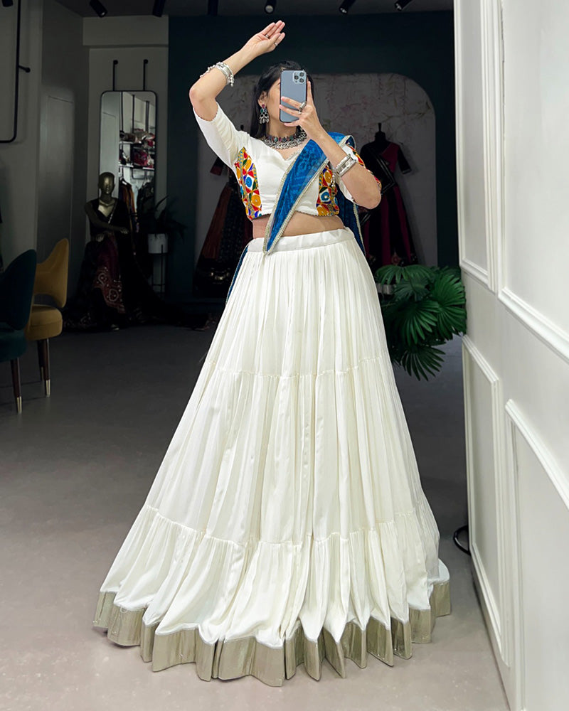 White Color Rayon Ruffle Style Navratri Lehenga Choli