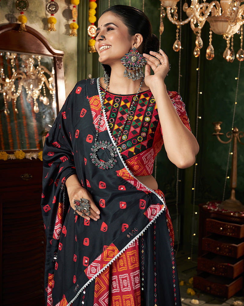 Black Color Maslin Cotton Printed Navratri Lehenga Choli