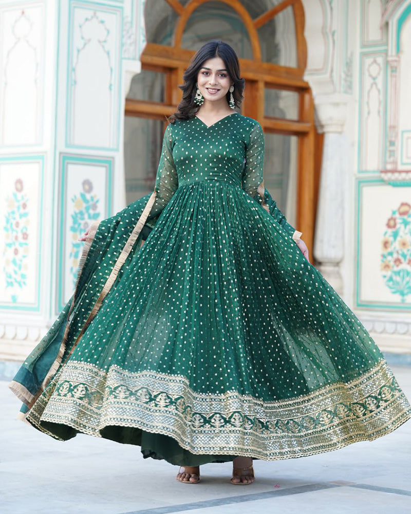 Green Color Organza Nylon Gown With Dupatta
