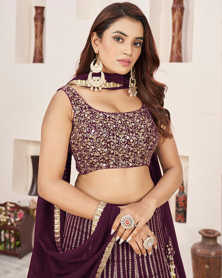 Wine Color Georgette Embroidered Semi Stitched Lehenga Choli