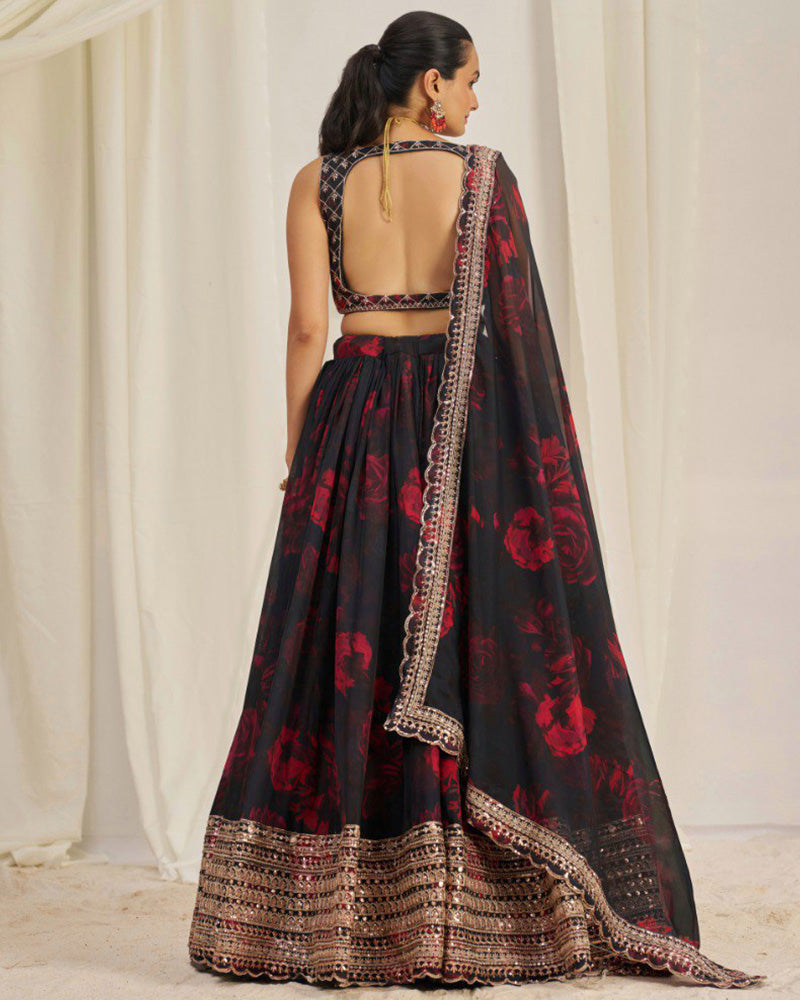 Black And Red Color Floral Print Soft Organza Lehenga Choli
