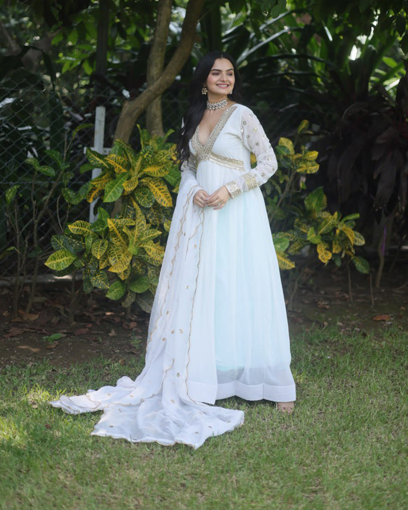 Wedding Wear Embroidered White Color Alia Cut Gown With Dupatta