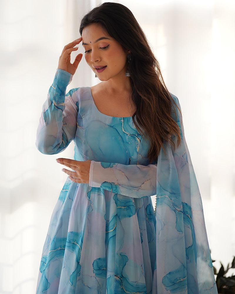 Sky Blue Color Pure Soft Organza Three Piece Anarkali Suit