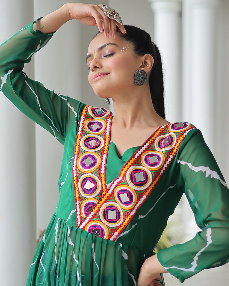 Green Color Faux Georgette Kutchi Work Navratri Kurti