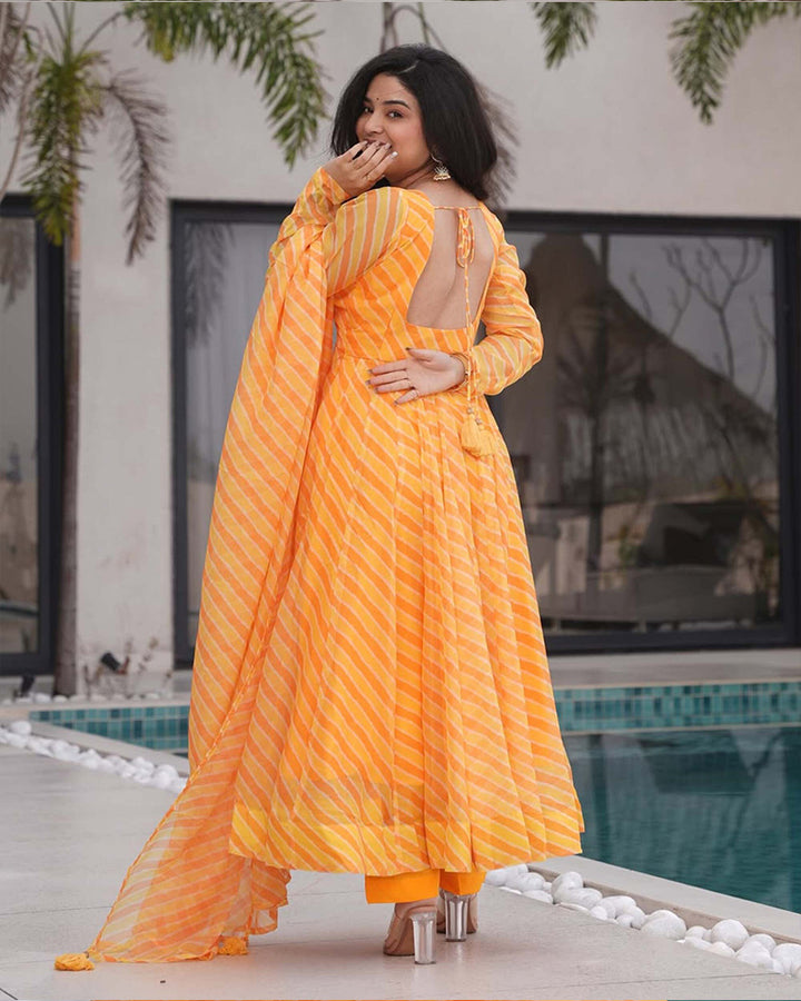Yellow Color Laheriya Print Tabby Organza Anarkali Suit