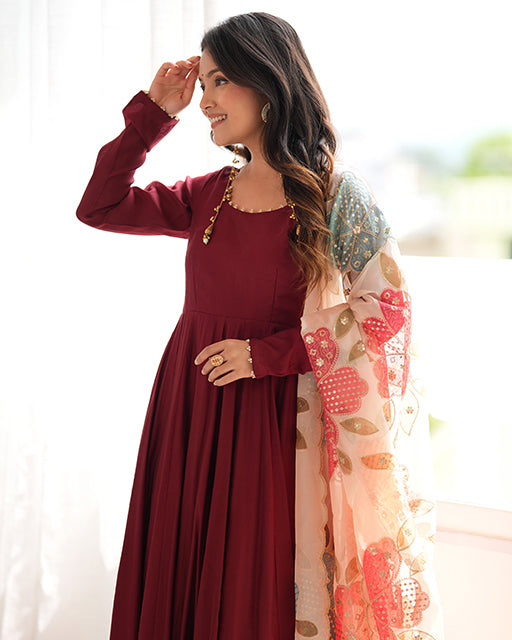 Maroon  Roman Silk Three Piece Anarkali Suit