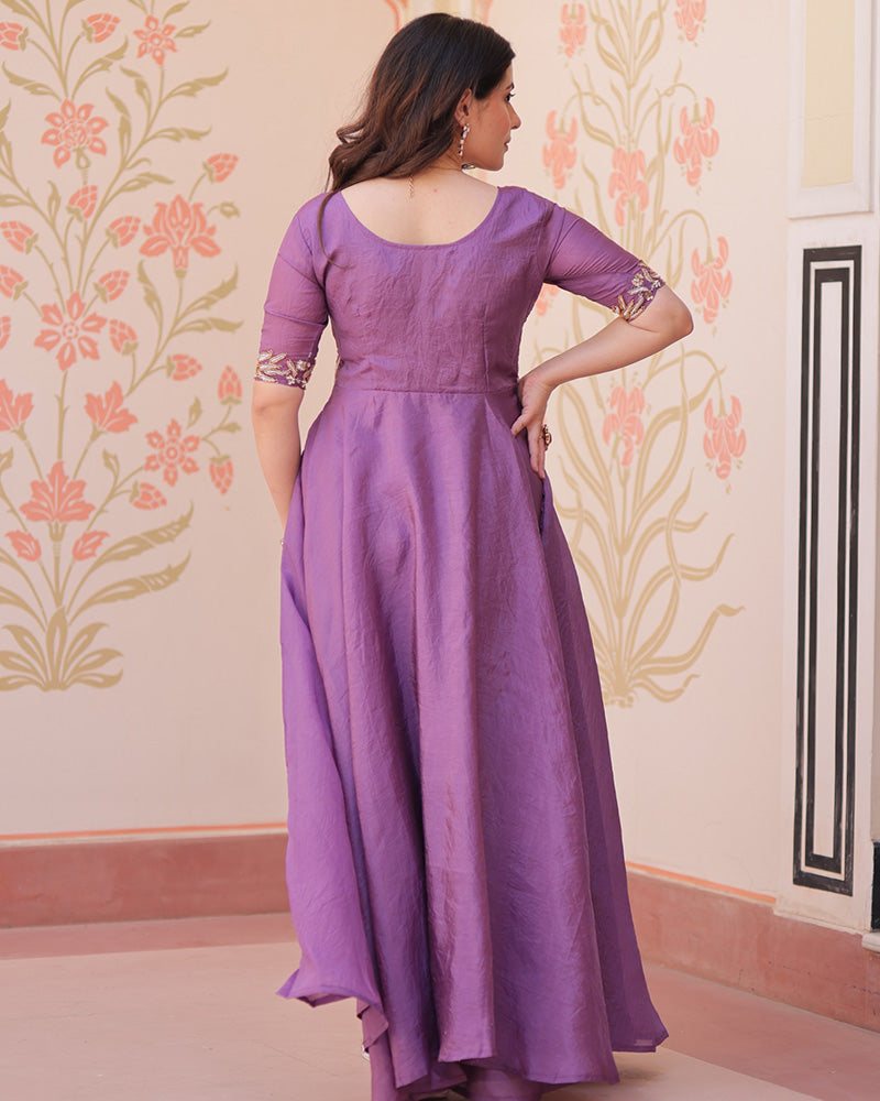 Lavender Color Gold Crush Embroidered Work Gown