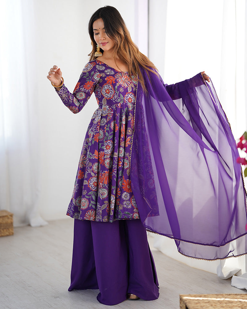 Purple Color Roman Silk Discharge Printed Plazzo Suit