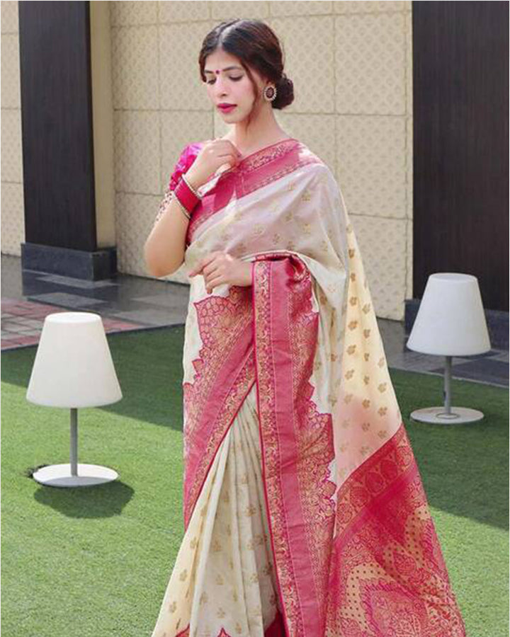 Pink And Cream Color Banarasi Jacquard Soft Silk Saree