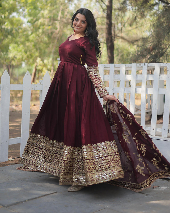 Dark Maroon Color Vichitra Shimmer Sequence Embroidered Gown