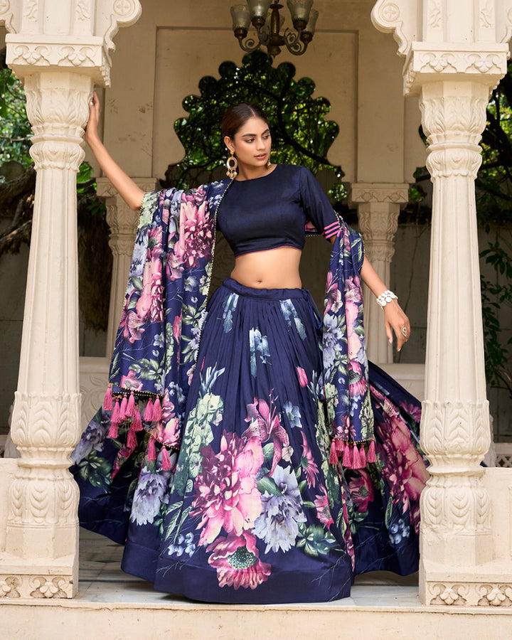 Navy Blue Color Tussar Silk Floral Printed Lehenga Choli