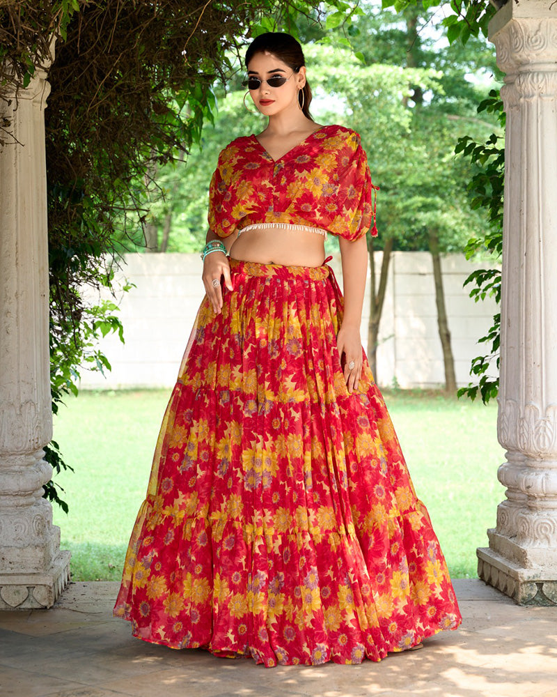 Red Color Chiffon Printed Crop Top Lehenga Choli