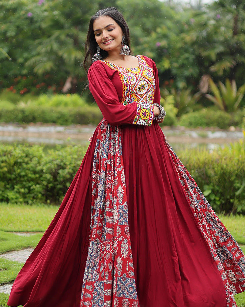 Maroon Color Rayon Gamthi Work Navratri Gown