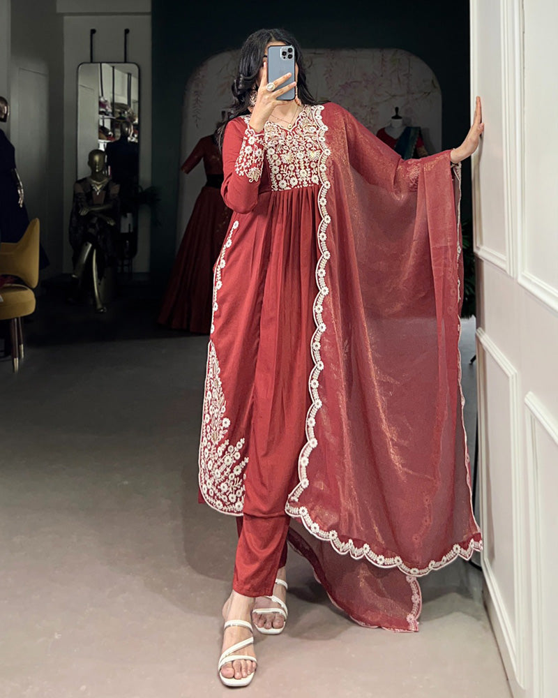 Rust Orange Color Maska Cotton Three Piece Kurti Suit