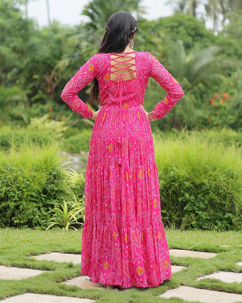 Pink Color Georgette Kutchi Work Navratri Gown