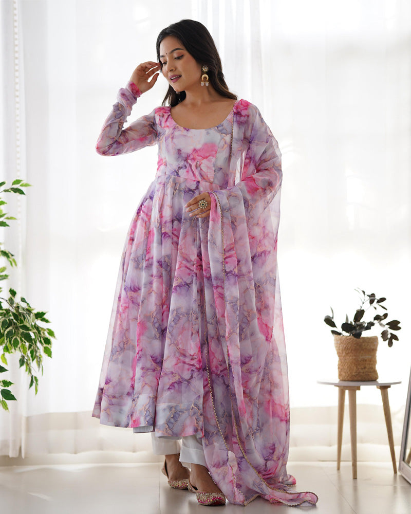 Printed Pink And White Kali Pattern Organza Silk Three-Piece Anarkali Suit