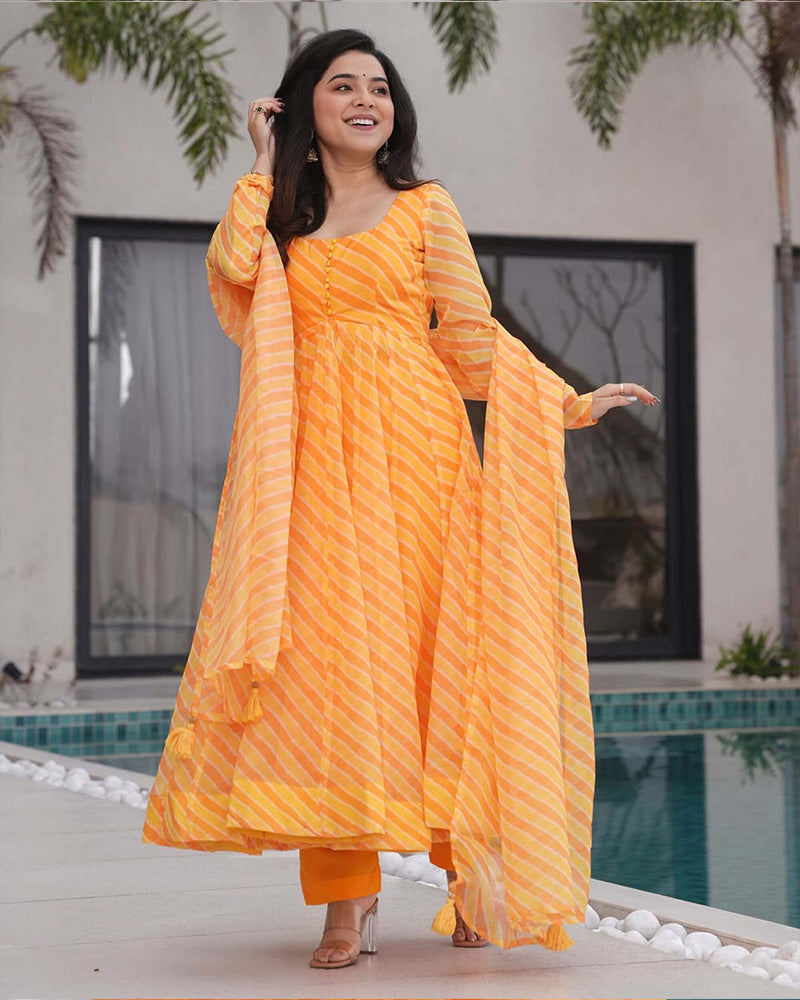 Yellow Color Laheriya Print Tabby Organza Anarkali Suit