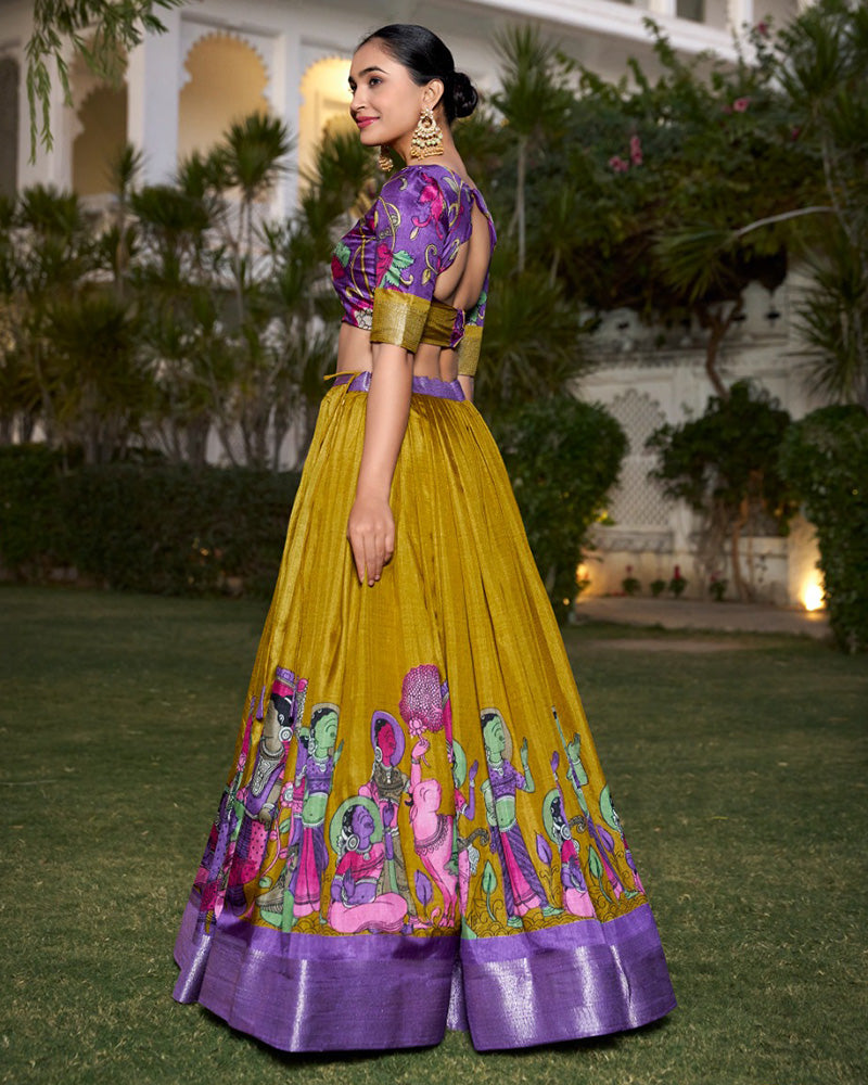 Mustard Color Dola Silk Kalamkari Printed Lehenga Choli