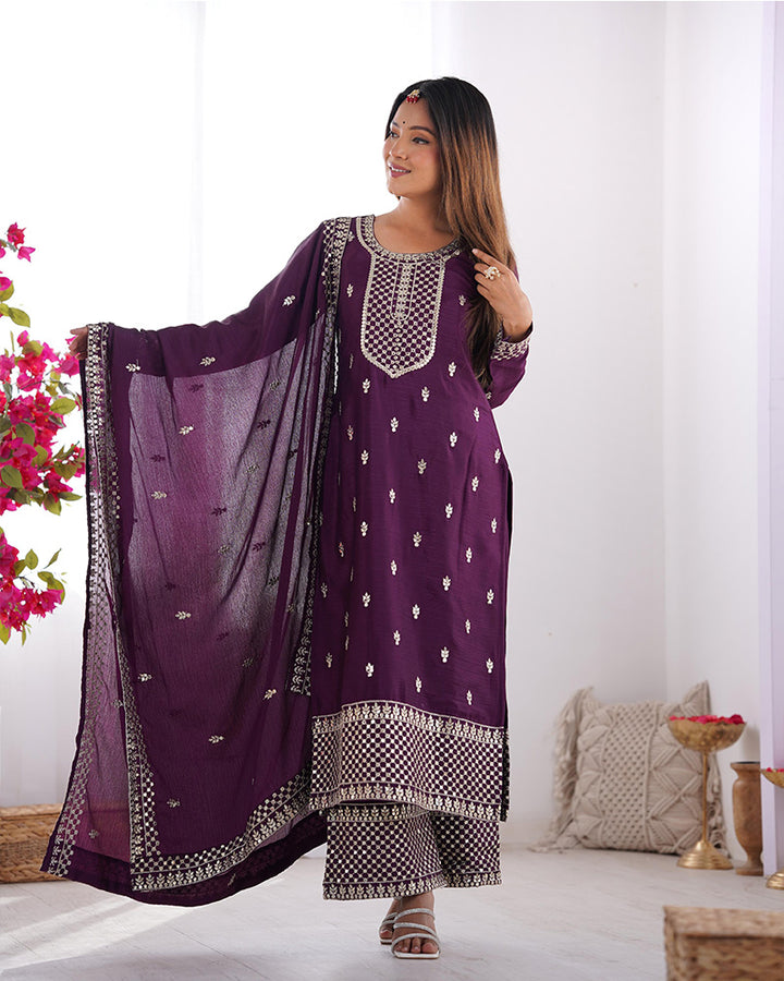 Wine Color Chinon Silk Three Piece Kurti Suit