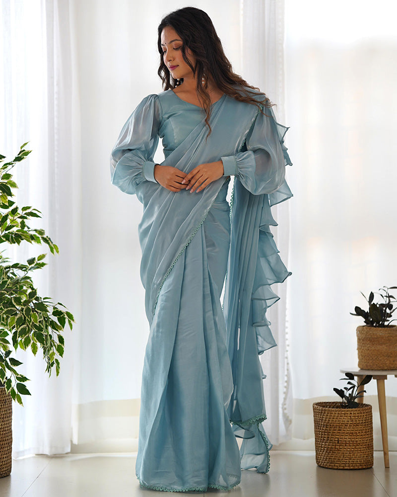 Sky Blue Color Soft Organza Pre Drapped Saree