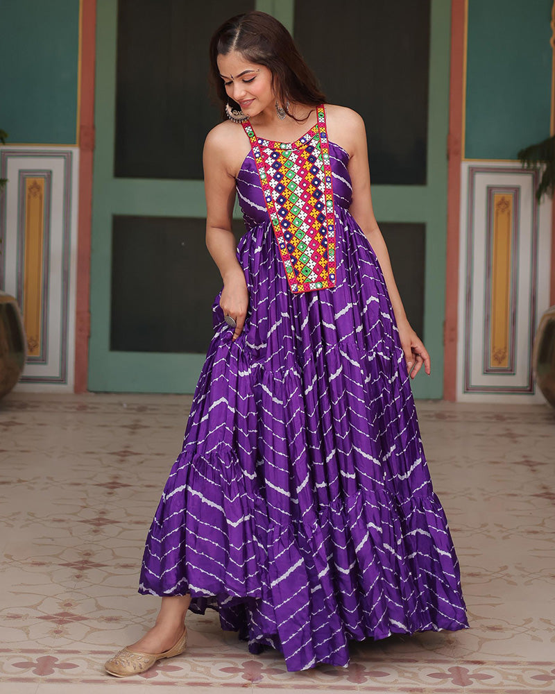 Purple Color Chinon Laheriya Print Navratri Gown