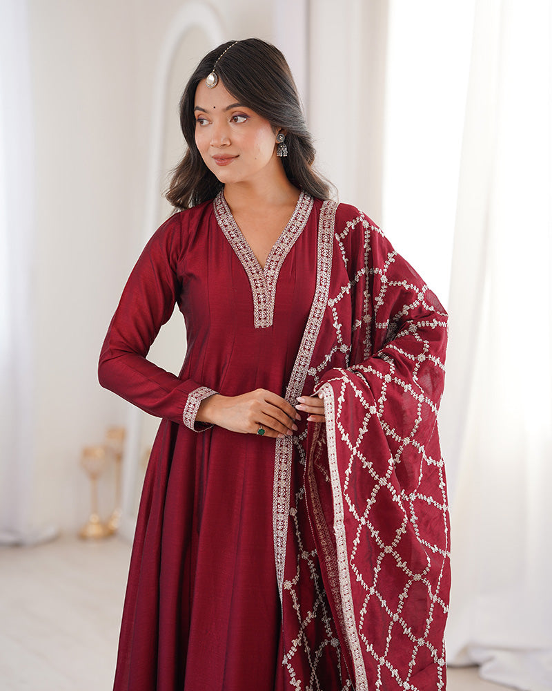 Maroon Color Vichitra Silk Embroidered Gown