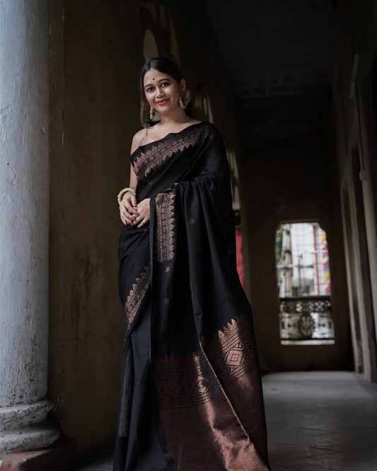 Black Color Banarasi Jacquard Soft Silk Saree