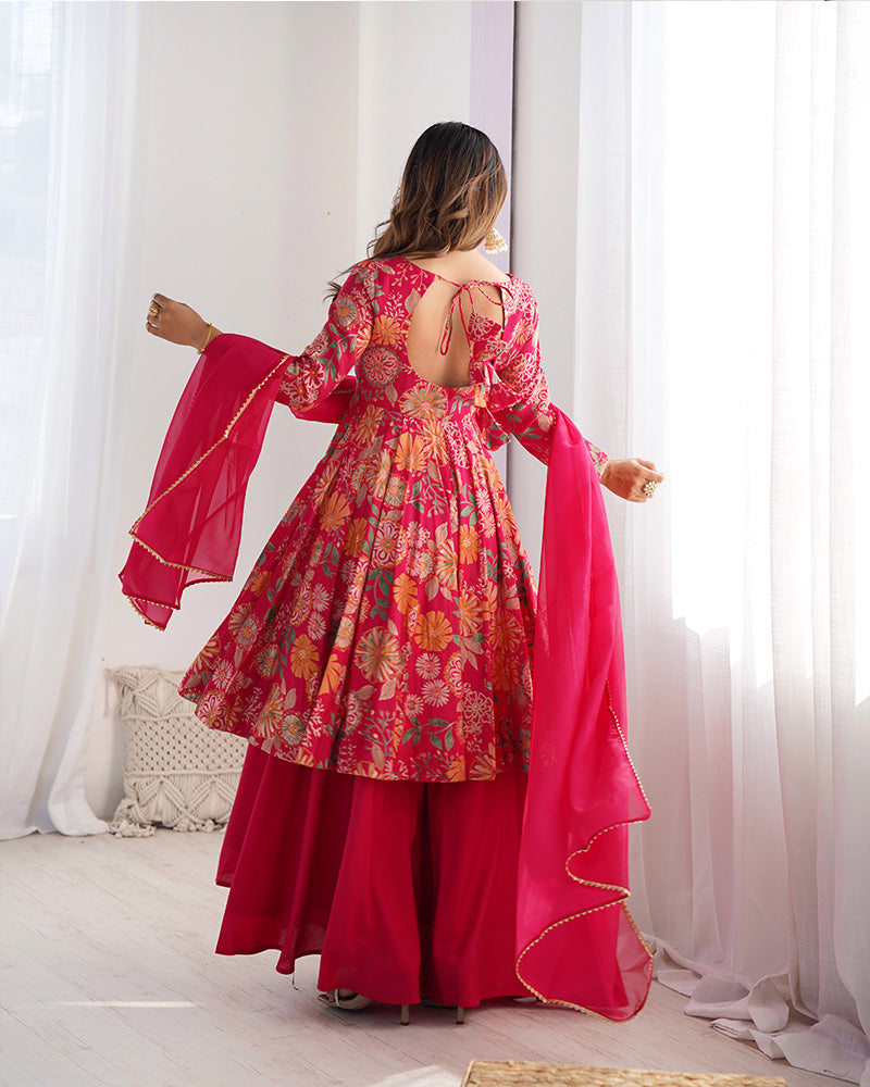 Rani Pink Color Roman Silk Discharge Printed Plazzo Suit