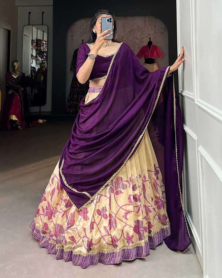 Purple Color Green Silk Printed Lehenga Choli