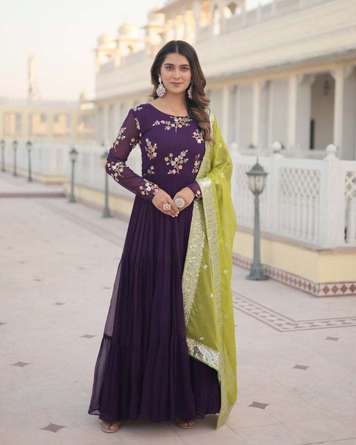 Wine Color Three layer Georgette Gown With Russian Silk Dupatta