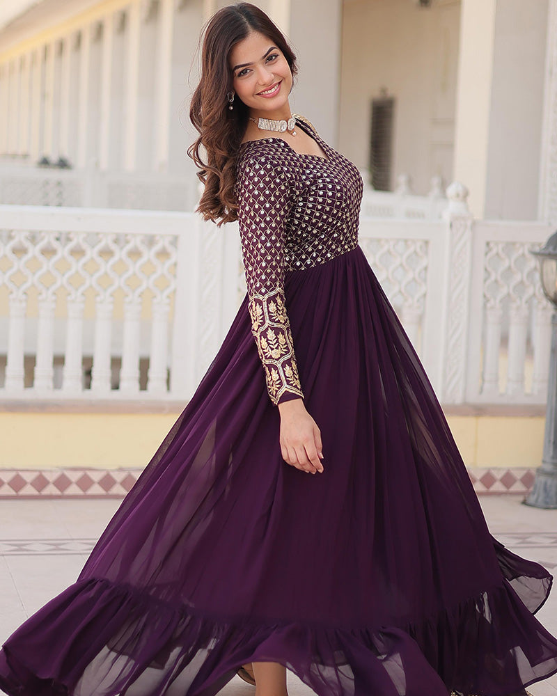 Wine Color Faux Blooming Gown With Sequins Embroidered Dupatta