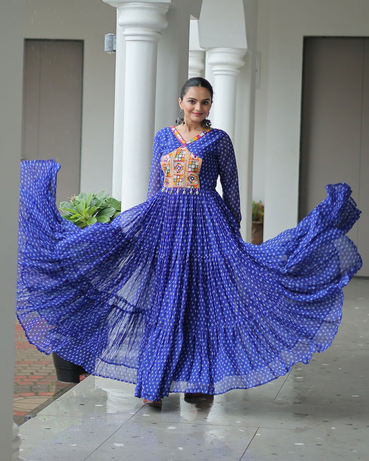 Blue Color Georgette Bandhani Print Navratri Gown