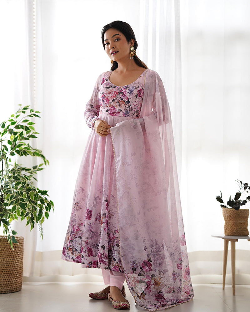 Baby Pink Color Floral Print Organza Three Piece Anarkali Suit