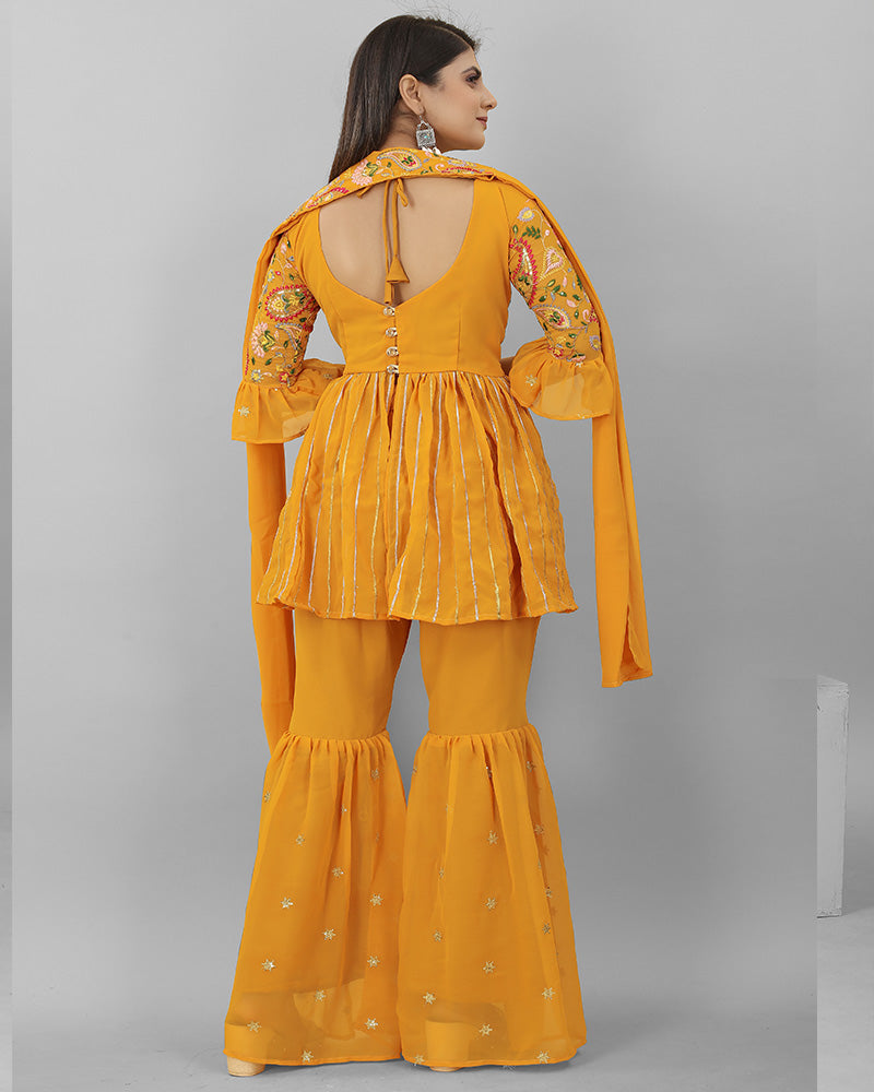 Yellow Color Georgette Embroidery work Three Piece Sharara Suit