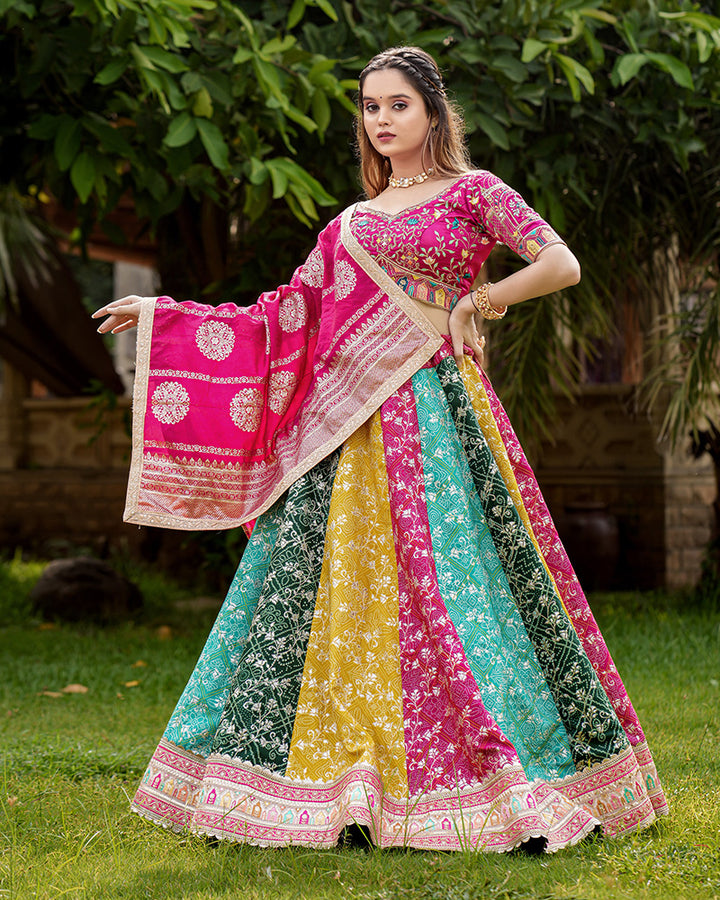 Multi Color Embroidered Satin Silk Lehenga Choli