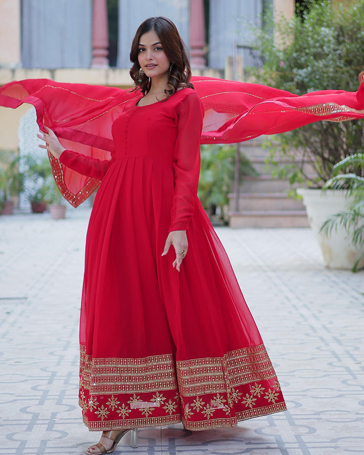 Exclusive Red Color Attractive Sequence Embroidery Work Gown