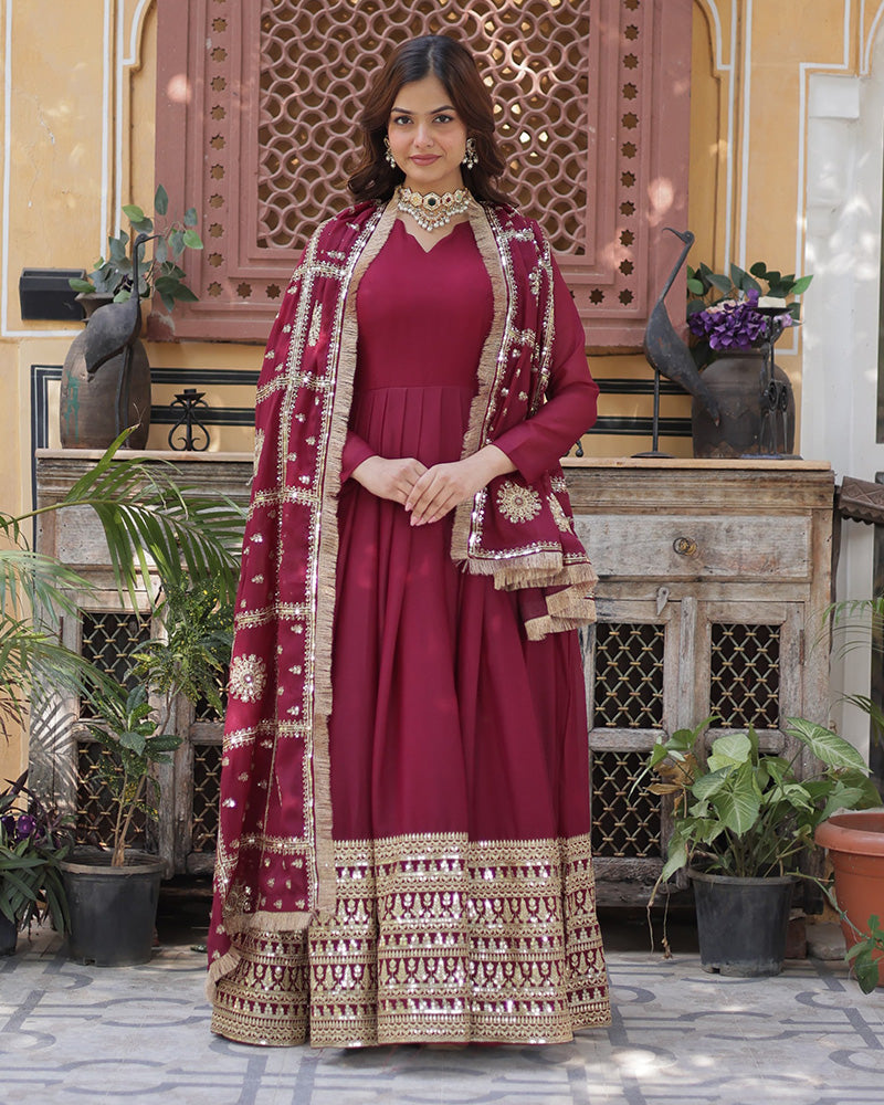 Maroon Color Star Georgette Sequence Embroidered Gown